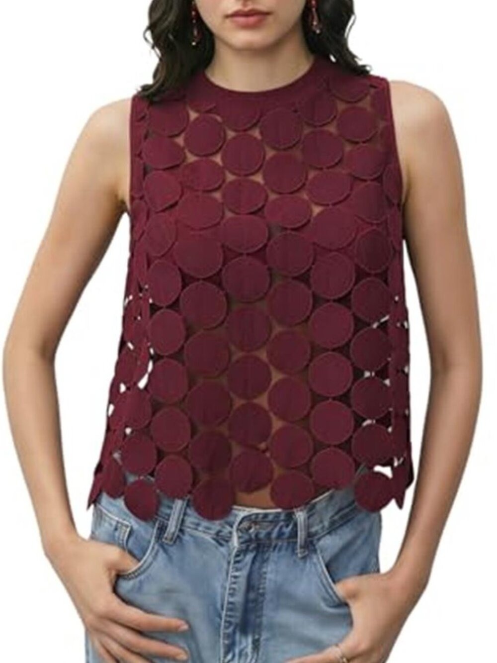 Women's Burgundy Sheer Tank Tops See Through Polka Dots Asymmetrical Top Summer